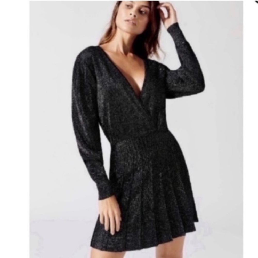 ✅ Cushnie Dress Blouson Sleeve Knit Pleated Mini in Metallic Black
